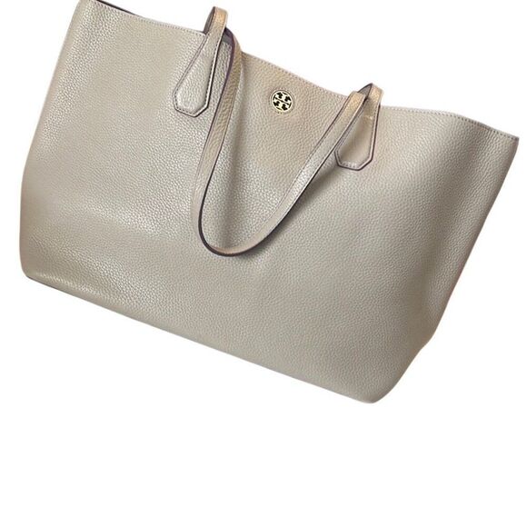 Tory Burch Taupe Leather Egglplant Interior Tote Bag with TB Dust Bag - Picture 1 of 15